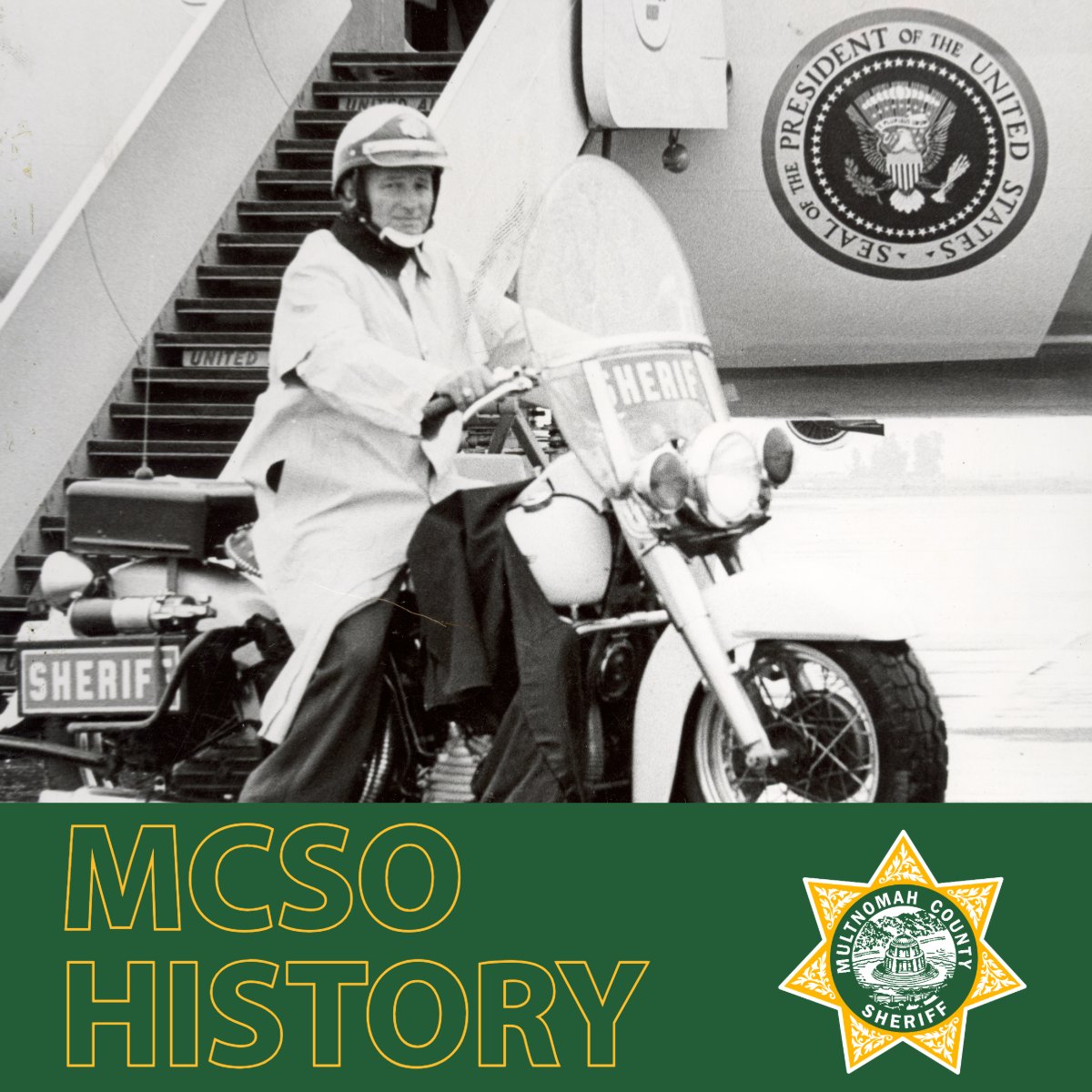 MultCoSO's tweet photo. In honor of America’s upcoming 250th anniversary, we’re reflecting on our nation and agency’s history.

In May 1962, Multnomah County Sheriff’s Office Chief Deputy Ard Pratt, Sr. had the honor of leading the motorcade escort for President John F. Kennedy as he arrived in Portland aboard Air Force One. This historic moment reflects the longstanding role our team has played in supporting major visits, events, and public safety operations throughout the region.

We’re proud to preserve and share these pieces of our history, highlighting the dedication of the men and women who have served Multnomah County for generations.