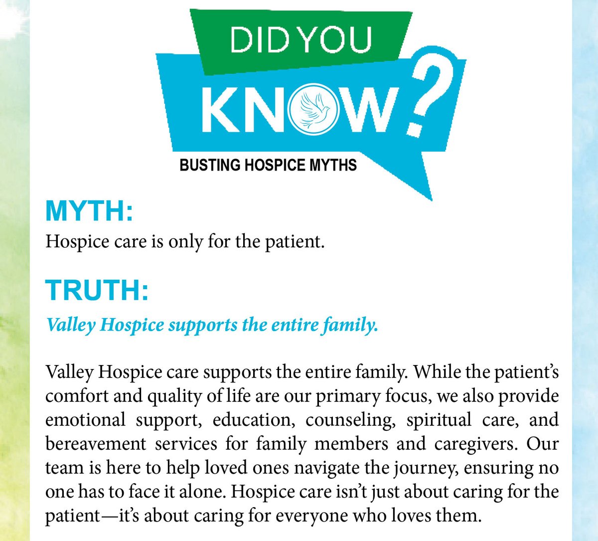 Valley_Hospice's tweet photo. #bustinghospicemyths
For more information, call us at 740-859-5660 or visit our website at https://t.co/BJY1oEKQWJ. In life's hardest moments, the right care makes all the difference. Ask for Valley Hospice! https://t.co/8oaw734nV9