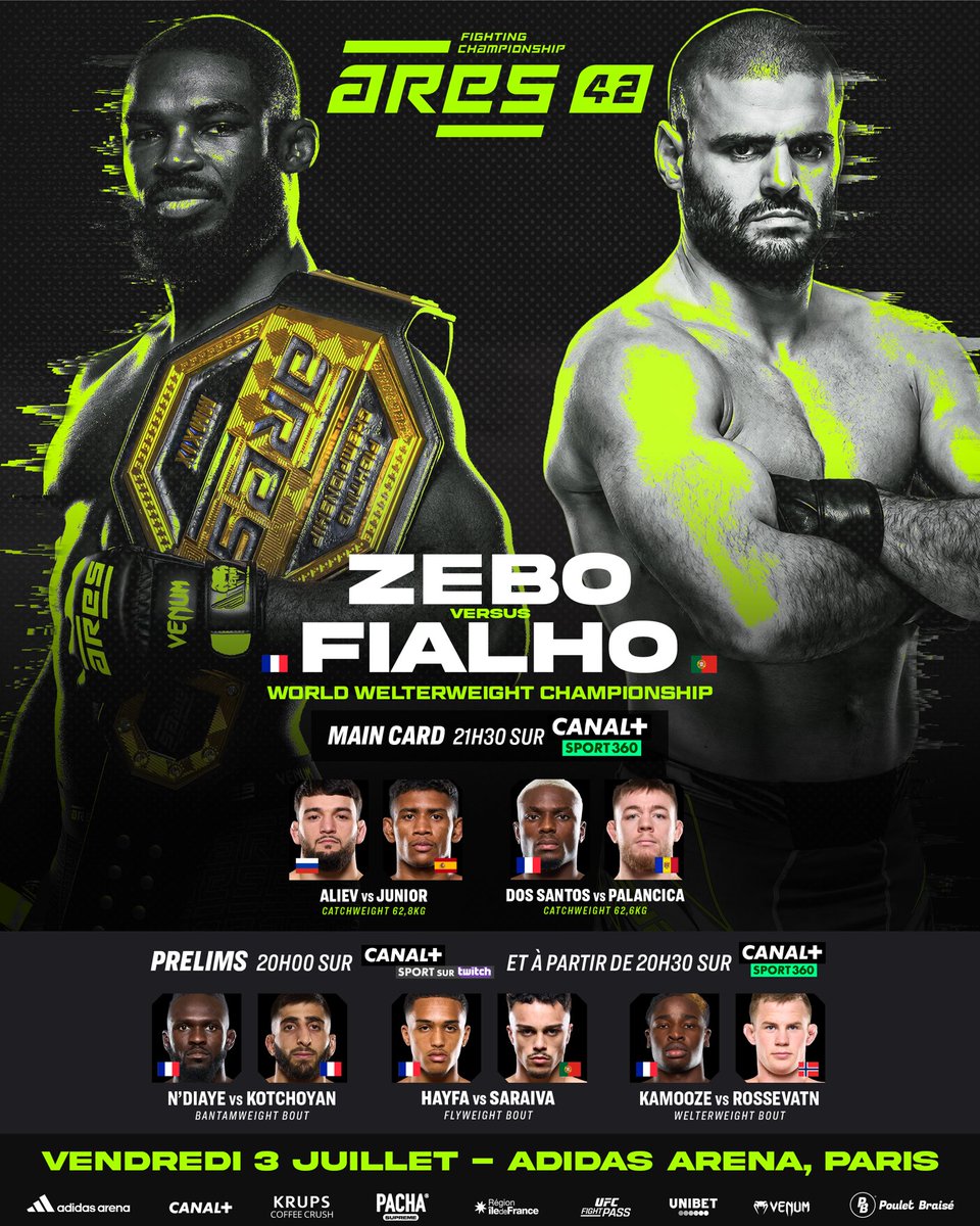 ares_fighting's tweet photo. Demain, #ARES42 vous attend à l’adidas arena de Paris ! 🤩

Suivez l’événement en direct :
▪️ De 20h00 à 20h30 sur CANAL+ Sport TWITCH 💻
▪️ À partir de 20h30 sur CANAL+ Sport 📺

🚨 Le combat DIAKITE vs HAMOU est annulé suite à une pesée manquée de HAMOU. 

🚨 Le combat JORAND vs SOMBRA est annulé par forfait de JORAND, suite à une pesée manquée de SOMBRA.

🎫 Et pour vivre l’action en live, réservez vos billets maintenant ! [https://t.co/H68RXD8hvL]
