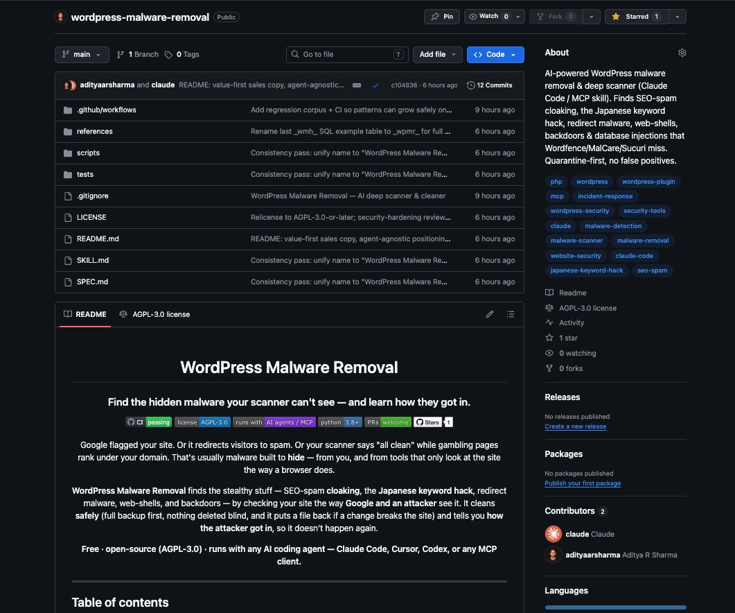 adityaarsharma's tweet photo. My WordPress site got hacked and the scariest part is it looked completely clean.

To every visitor, the site was normal. To Google, it was serving gambling spam. The paid scanner running on it? "All clean." For 11 days.

The malware was built to hide it showed spam only to Googlebot, and stayed invisible to me and to the scanner.

I found it by hand, cleaned it, and traced how they got in. 
Then I built the tool I wish I'd had and open-sourced it. Free.

What it does:

1. Checks your site as Googlebot  catches spam that only shows to search engines
2. Scans the whole server, not just wp-content
Cleans safely  backup first, auto-rollback if anything breaks
3. Tells you how they got in

Works with any AI agent (Claude, Cursor, Codex) soon 1-click in @sproutoshq 

If you run WordPress, grab it before you need it:
https://t.co/HjF4ZDF3NE

Please add a star if you find it helpful :)