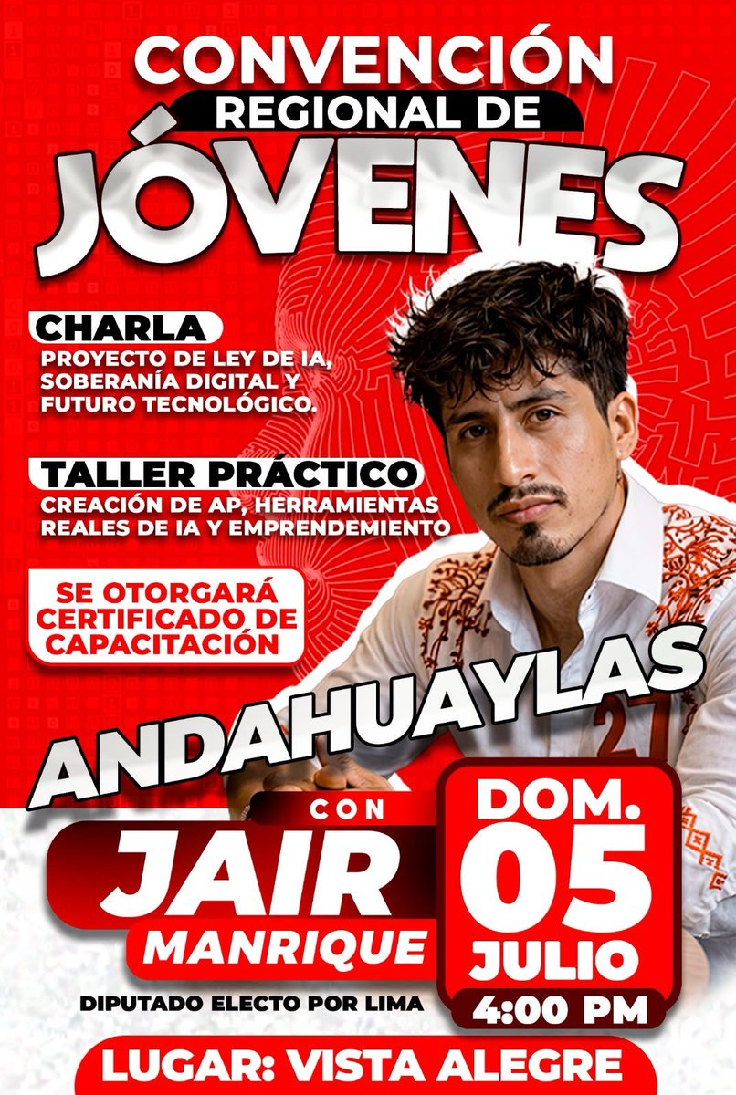 jairahora27's tweet photo. ¡Nos vemos este domingo en Andahuaylas! 💙

Será una alegría compartir con ustedes una charla y un taller para aprender, conversar y descubrir juntos cómo la inteligencia artificial puede abrir nuevas oportunidades.

📍 Ingreso libre. ¡Los espero! https://t.co/Pt6Cr5dUWW