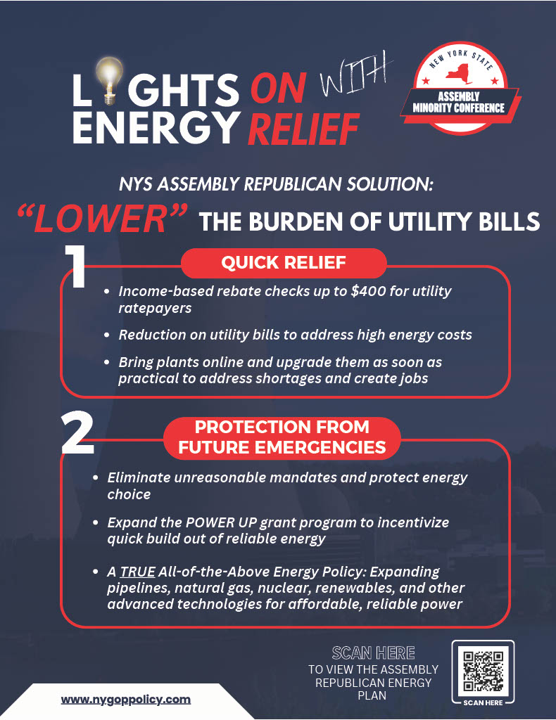 NYS_AM's tweet photo. Assembly Republicans have repeatedly stressed the importance of a reliable energy grid.

We warned of the potential life-threatening impact of the grid’s failure during an extreme weather event.

On cue, we have a failure during a stretch of days when temperatures will reach 100 in parts of the state.

Decisions in Albany have consequences.

While Democrats are happy to gamble with our energy future to satiate liberal climate activists, Assembly Republicans are demanding a more reliable, responsible & realistic energy approach.
https://t.co/bqMvM1ZEM0