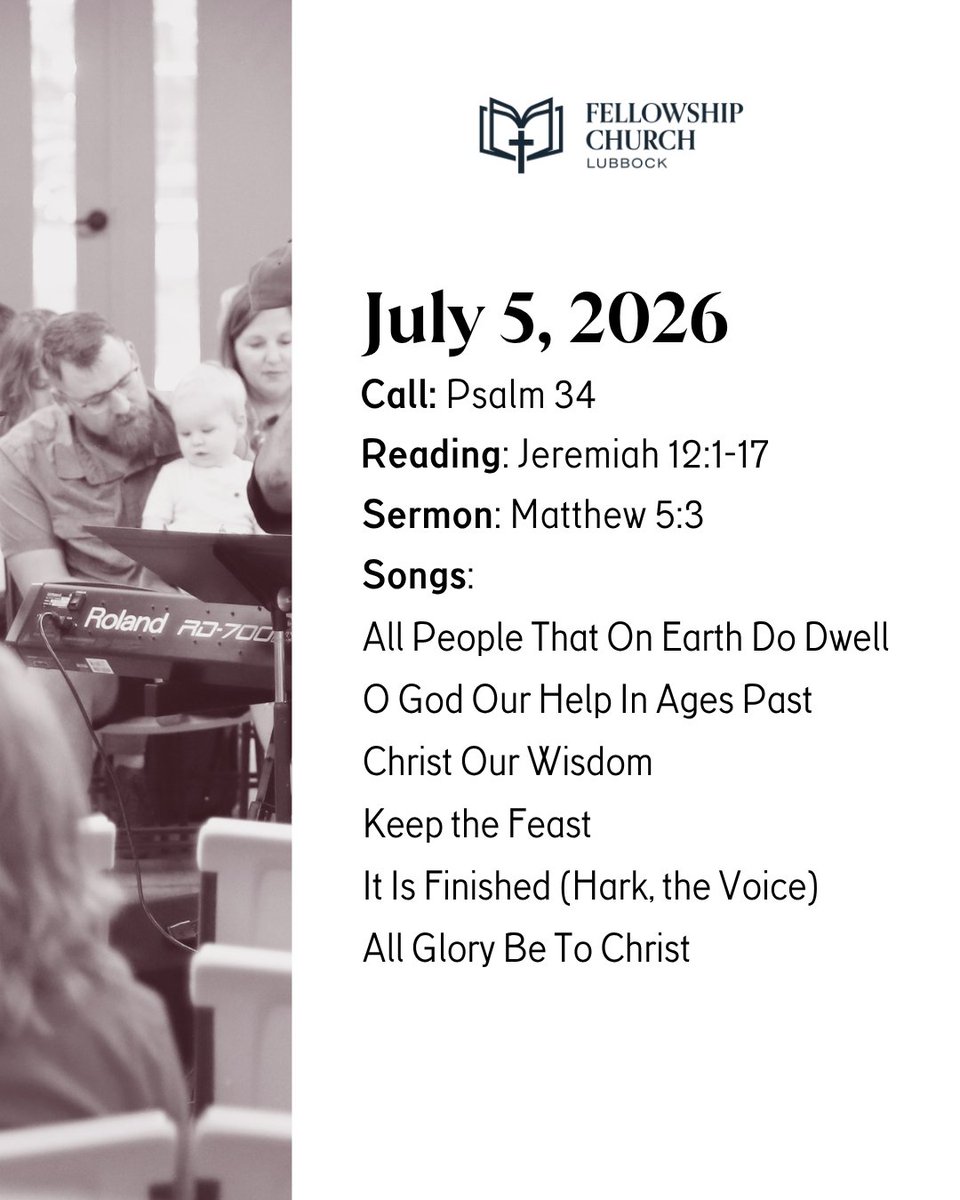 fellowshipCL's tweet photo. ⛪️ Join us at 𝟏𝟎𝐚𝐦 when we gather together at #FCLubbock this #LordsDay to worship the Living God, both during the morning and evening services.

You can find a playlist for this week's songs on our channels:
🎧 Spotify
💻 YouTube https://t.co/FsuzPAiok3