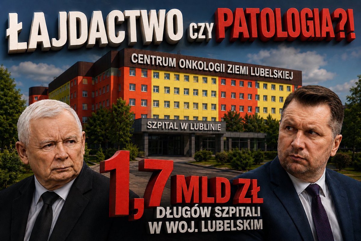 PaniNaSzpilkach's tweet photo. A może redaktor @SzJadczak zainteresowałby się Lublinem?
Województwo lubelskie (prawie 2 mln mieszkańców, baza Czarnka!
Szpitale marszałkowskie pod Jarosławem Stawiarskim z PiS toną w długach na 1,7 mld zł. Główny szpital w Lublinie ma prawie 923 mln długu.🤦‍♀️
W Centrum Onkologii Ziemi Lubelskiej, gdzie onkologicznie leczył się Ziobro, nowy dyrektor Piotr Rybak zatrudnił kilku działaczy PiS: byłego posła Dariusza Seligę, radnego Tomasza Szymajdę i byłego wicestarostę Michała Pelczarskiego.
A w innym lubelskim szpitalu (Wojewódzkim Specjalistycznym przy al. Kraśnickiej) leżał sam Kaczyński z prywatną salą bo zamknięto części oddziału.

Ale to pewnie nie jest ciekawy temat… prawda?