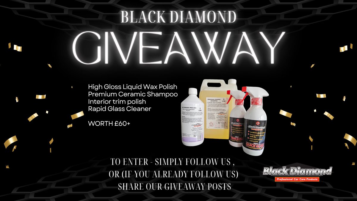 Storacaruk1983's tweet photo. 📷 GIVEAWAY TIME! 📷 Follow our page or share this post for your chance to win over £60 worth of Black Diamond Car Care products! It's quick, free to enter, and the perfect opportunity to upgrade your car care routine with premium products. https://t.co/unyGM8uLNn