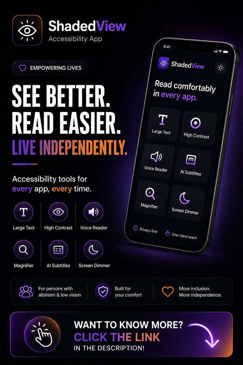 TaiwoCureton's tweet photo. The biggest accessibility problem isn't the lack of features. It's that they're too hard to use.

That's the idea behind

ShadedView

Curious? Click the link

https://t.co/YFFIwSR2TG

Special thanks to @RareFi_Org and @redliafrica for the Al literacy program https://t.co/qb3VTsSDxZ