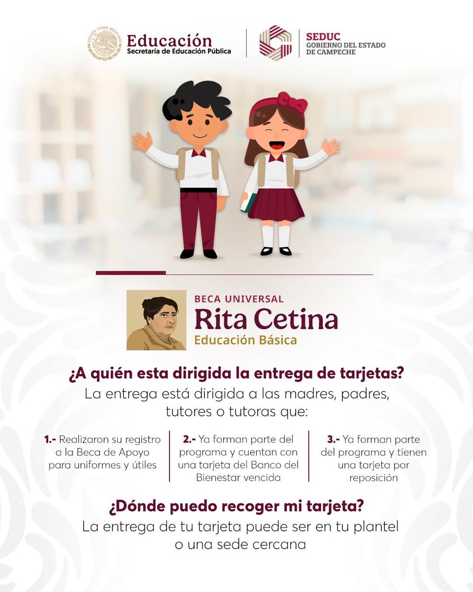 Martha__Angulo's tweet photo. 🚨 ¡Atención familias de la Beca "Rita Cetina"! 🚨

Si eres madre, padre o tutor, consulta si debes recoger tu tarjeta del @bbienestarmx por nuevo ingreso, renovación o reposición.

🏫 La entrega será en tu plantel o sede cercana. ¡Atento a los avisos!

📲 https://t.co/FkRGjxqYOD https://t.co/ho7aJ5FCSZ