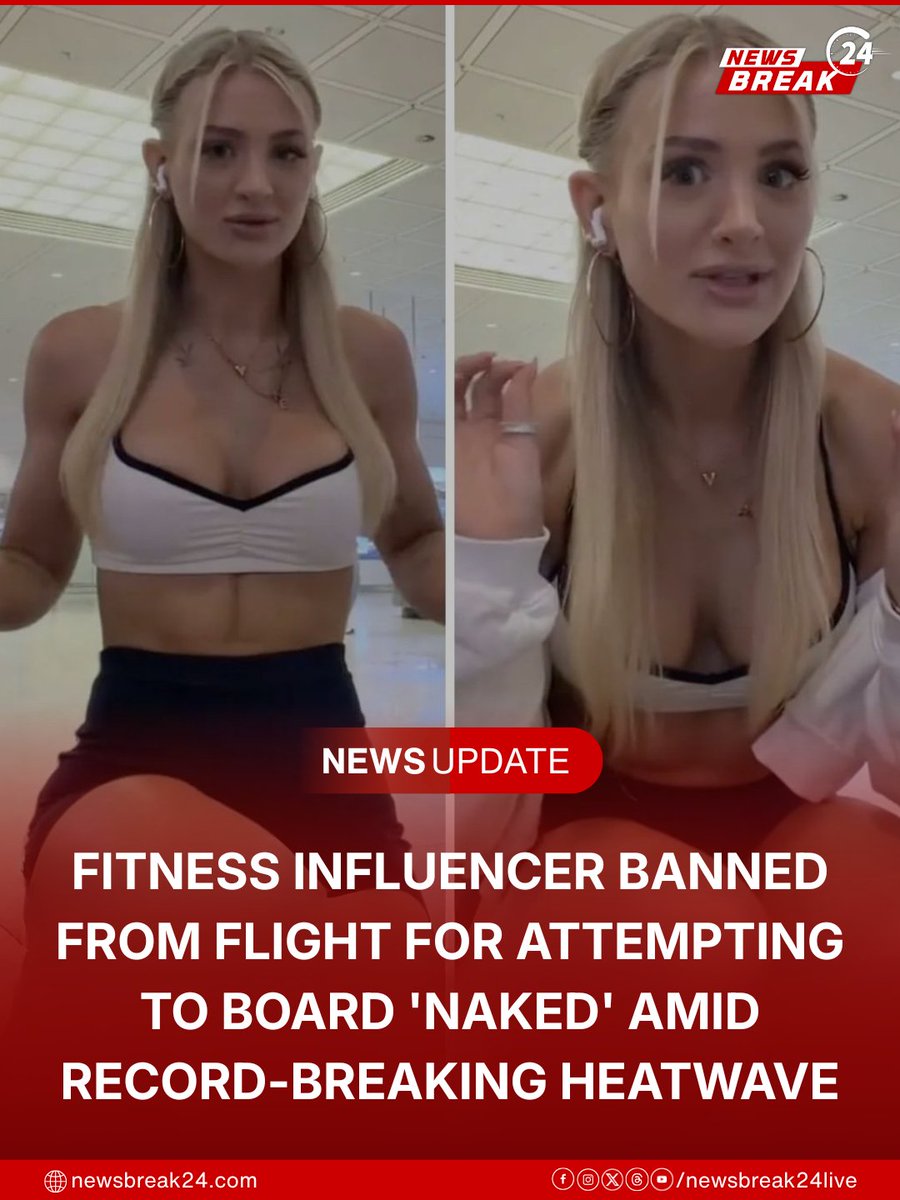 NewsBreak24Live's tweet photo. A German fitness influencer claims she was denied boarding a Lufthansa flight after staff allegedly said her outfit was too revealing, sparking debate online over airline dress codes.
.
.
.
.
#Lufthansa #Germany #ViralNews #TravelNews #Airline #DressCode https://t.co/owvSZUlEix