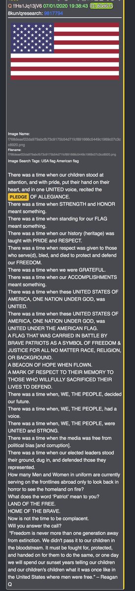 latiejones1111's tweet photo. There was a time when our children stood at attention, and with pride, put their hand on their heart, and in one UNITED voice, recited the PLEDGE OF ALLEGIANCE.
There was a time when STRENGTH and HONOR meant something.
There was a time when standing for our FLAG meant something.
There was a time when our history (heritage) was taught with PRIDE and RESPECT.
There was a time when respect was given to those who serve(d), bled, and died to protect and defend our FREEDOM. 
There was a time when we were GRATEFUL.
There was a time when our ACCOMPLISHMENTS meant something.
There was a time when these UNITED STATES OF AMERICA, ONE NATION UNDER GOD, was UNITED.
There was a time when these UNITED STATES OF AMERICA, ONE NATION UNDER GOD, was UNITED UNDER THE AMERICAN FLAG.
A FLAG THAT WAS CARRIED IN BATTLE BY BRAVE PATRIOTS AS A SYMBOL OF FREEDOM & JUSTICE FOR ALL NO MATTER RACE, RELIGION, OR BACKGROUND.
A BEACON OF HOPE WHEN FLOWN.
A MARK OF RESPECT TO THEIR MEMORY TO THOSE WHO WILLFULLY SACRIFICED THEIR LIVES TO DEFEND. 
There was a time when, WE, THE PEOPLE, decided our future.
There was a time when, WE, THE PEOPLE, had a voice. 
There was a time when, WE, THE PEOPLE, were UNITED and STRONG.
There was a time when the media was free from political bias [and corruption].
There was a time when our elected leaders stood their ground, dug in, and defended those they represented. 
How many Men and Women in uniform are currently serving on the frontlines abroad only to look back in horror to see the homeland on fire? 
What does the word ‘Patriot’ mean to you?
LAND OF THE FREE.
HOME OF THE BRAVE.
Now is not the time to be complacent. 
Will you answer the call?
 “Freedom is never more than one generation away from extinction. We didn't pass it to our children in the bloodstream. It must be fought for, protected, and handed on for them to do the same, or one day we will spend our sunset years telling our children and our children's children what it was once like in the United States where men were free.” – Reagan
Q 🇺🇸
