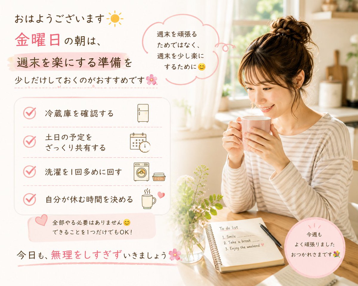 MamaCollegeinfo's tweet photo. おはようございます☀️

金曜日の朝は、
「週末を楽にする準備」を
少しだけしておくのがおすすめです🌸
✔ 冷蔵庫を確認する
✔ 土日の予定をざっくり共有する
✔ 洗濯を1回多めに回す
✔ 自分が休む時間を決める
全部やる必要はありません。

週末を頑張るためではなく、
週末を少し楽にするために☺️
今日も、
無理をしすぎずいきましょう。
#金曜日
#子育て
#働くママ
#家事