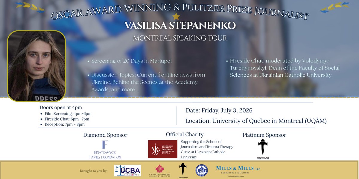 UCEFCanada's tweet photo. A reminder that the Canadian Speaking Tour with with Pulitzer Prize-winning journalist, Vasilisa Stepanenko, field producer of the Academy Award-winning documentary 20 Days in Mariupol, will be kicking off tomorrow in Montreal. To reserve tickets visit https://t.co/PNTDmcPIQY https://t.co/beAAzH6upj