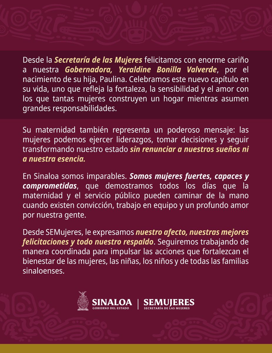 SEMUJERES_'s tweet photo. ¡Muchas felicidades por la llegada de esta nueva vida! Gobernadora, @YeralBonillaV, que este momento esté lleno de amor, salud y mucha felicidad. 💜✨ https://t.co/LGl0LhKfRc