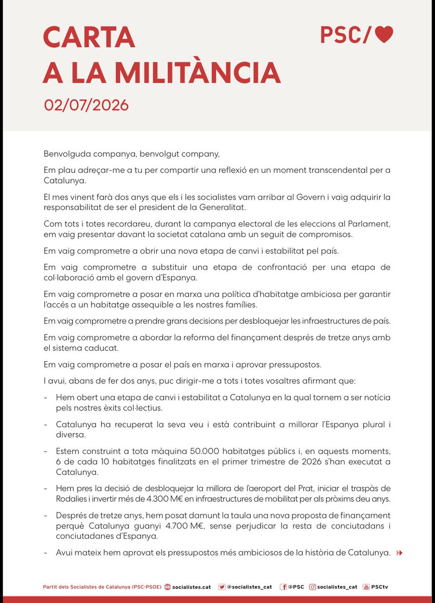 socialistes_cat's tweet photo. “Aquests pressupostos són un punt d’inflexió històric per al país i seran decisius per a la dècada vinent, garantint la força, l’estabilitat i el futur de Catalunya.”

🌹 Carta del primer secretari i president @salvadorilla a la militància. https://t.co/Y2hRjh9kUc