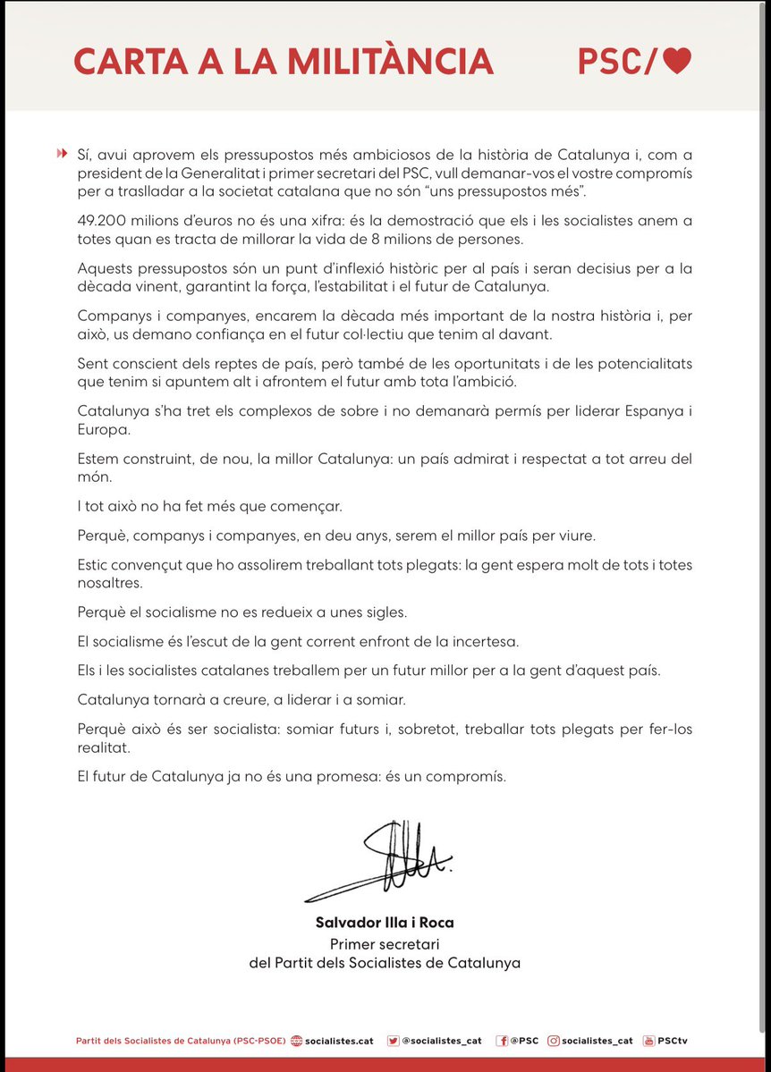 socialistes_cat's tweet photo. “Aquests pressupostos són un punt d’inflexió històric per al país i seran decisius per a la dècada vinent, garantint la força, l’estabilitat i el futur de Catalunya.”

🌹 Carta del primer secretari i president @salvadorilla a la militància. https://t.co/Y2hRjh9kUc
