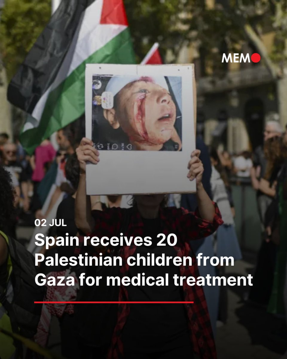 MiddleEastMnt's tweet photo. Spain has received 20 Palestinian children from the Gaza Strip along with their families as part of the sixth medical evacuation mission, where they will receive treatment in Spanish hospitals.

Spanish Health Minister Mónica García said in a post on X that the children “leave behind the barbarity to receive the care they need in our hospitals.” She added that they “arrive with fear, but also hope,” describing their arrival as “a source of national pride.”

Read: https://t.co/dD3Ybybd3z
