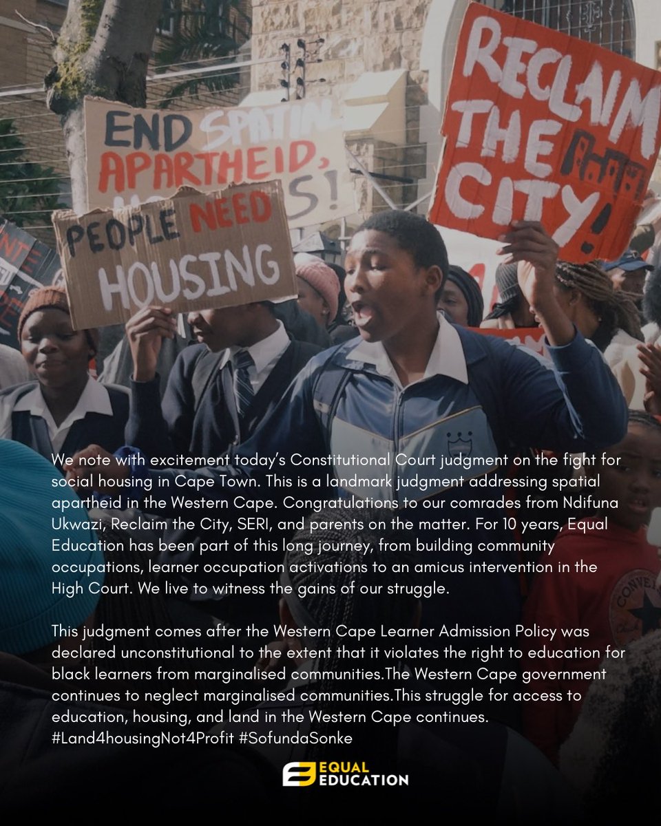 equal_education's tweet photo. [Victory] ✊🏾We celebrate today’s Constitutional Court victory. Cape Town is not only for the rich - We all belong in Cape Town.

#Land4PeopleNot4Profit
#SofundaSonke
#Tafelberg
#SpatialJustice https://t.co/9p01UNIGxL