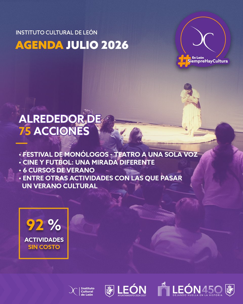 FenalMX's tweet photo. Alrededor de 75 acciones en julio. ☀
🎭Festival de Monólogos -Teatro a Una Sola Voz
🎬Ciclo Cine y Futbol
🎨06 Cursos de verano y más
Conoce todas nuestras actividades en https://t.co/4p5kga3ijd y síguenos en todas nuestras redes, porque en León #SiempreHayCultura. https://t.co/bwAHetIqda