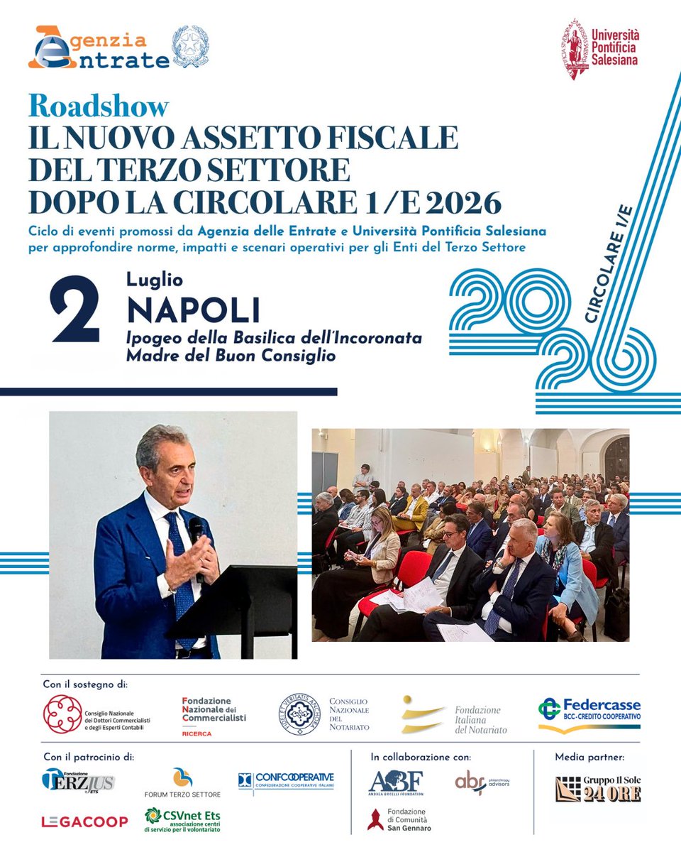 Agenzia_Entrate's tweet photo. Si è concluso oggi a #Napoli il roadshow di Agenzia delle entrate e Università Pontificia Salesiana sulla nuova disciplina fiscale del #Terzo #Settore. L’iniziativa ha toccato 5 regioni ed è stata un’occasione di dialogo e confronto con gli enti interessati dalla riforma. https://t.co/mh3ocz5Nf4
