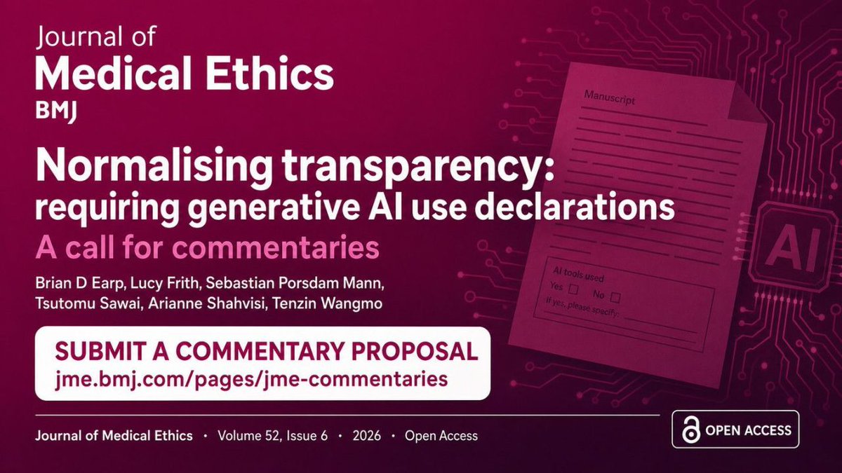 JME_BMJ's tweet photo. 🚨CALL FOR COMMENTARY @ JME 🚨

Normalising transparency: an argument for requiring generative AI use declarations in all manuscripts
🔗 https://t.co/2YICta77hU https://t.co/u4yUGGoFV7