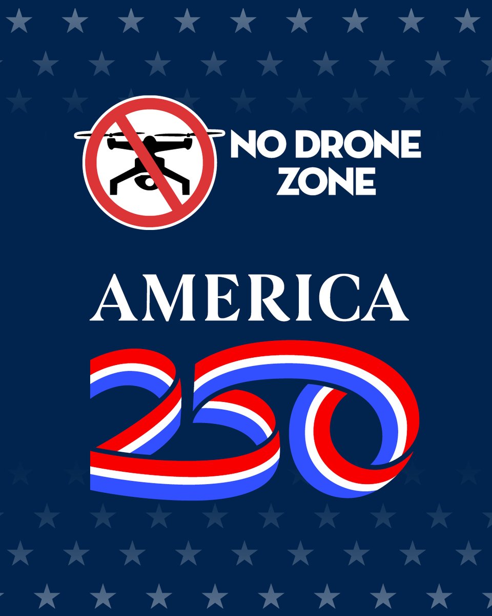 FBIPhiladelphia's tweet photo. NO DRONE ZONE: The America 250 celebrations around the city of Philadelphia are "No Drone Zones". Temporary Flight Restrictions will be in place surrounding these events. 

Drone operators who enter restricted airspace without authorization may face drone confiscation, fines of up to $100,000, and federal criminal felonies and misdemeanor charges. 

Before every flight, drone operators should check for active flight restrictions using an FAA-approved B4UFLY service providers.