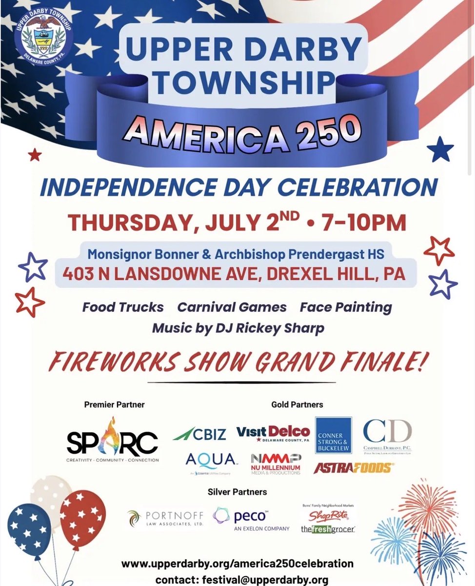 RootsDelco's tweet photo. ๐จ๐จDelco News - Upper Darby Townshipโs Fireworks are tonight July 2nd at Bonner/Prendie. The celebration starts at 7 and has several cool vendors that will be there. #UpperDarby #Delco ๐ https://t.co/M5D9yDU7jc