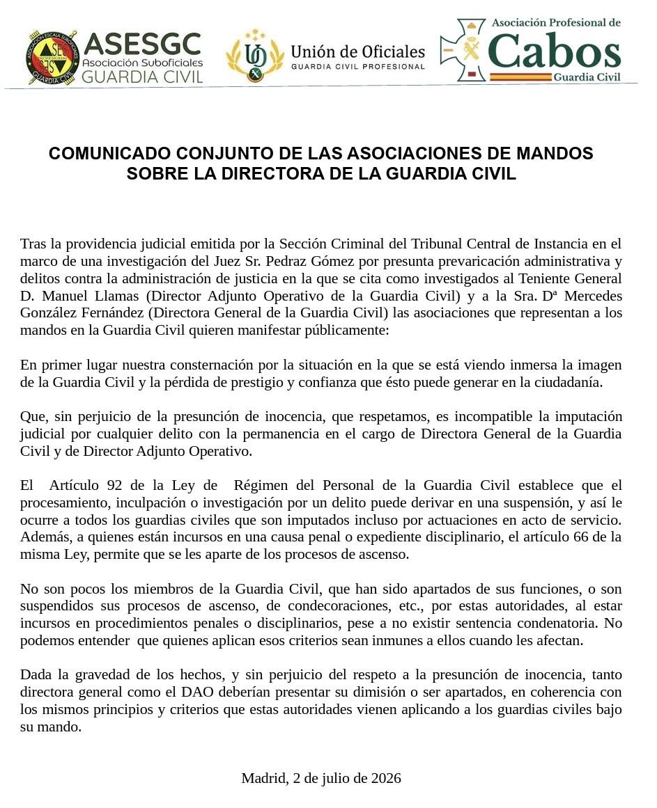 JosemaVallejo's tweet photo. Asociaciones de mandos de la Guardia Civil piden la dimisión o cese de la directora general y del DAO.

Desde el mismo día en que la honorabilidad de la Guardia Civil se puso en solfa por la acción de esta gente, se debió pedir.

Yo la pedí en prime time y directo en radio y TV. https://t.co/ABaryZaBjz