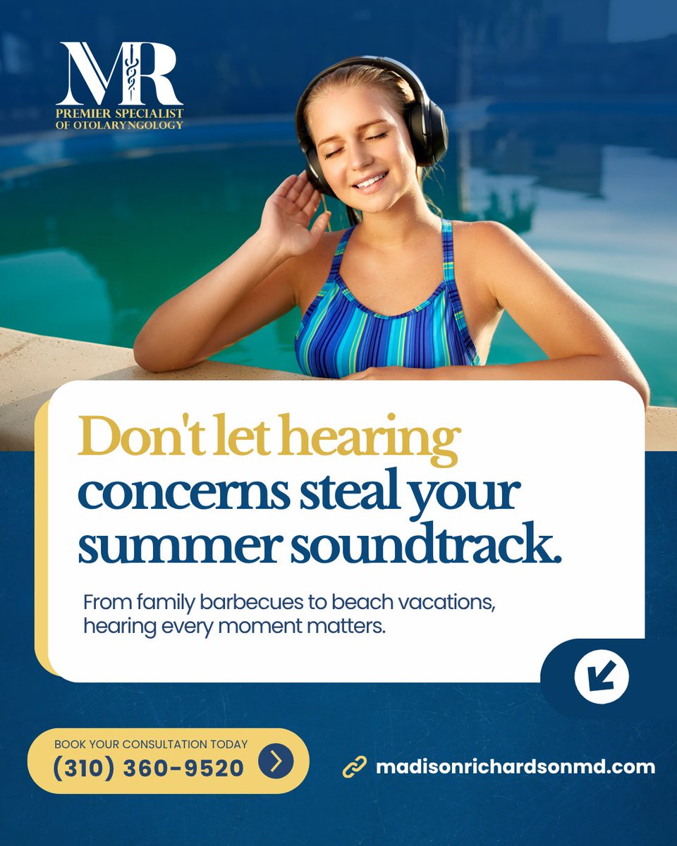 MadisonFRichard's tweet photo. Hear every moment this summer. ☀️🎧

If hearing concerns are getting in the way, a hearing evaluation can help.

📞 (310) 360-9520

#HearingHealth #ENT #SummerWellness https://t.co/4Eam8gu0QB