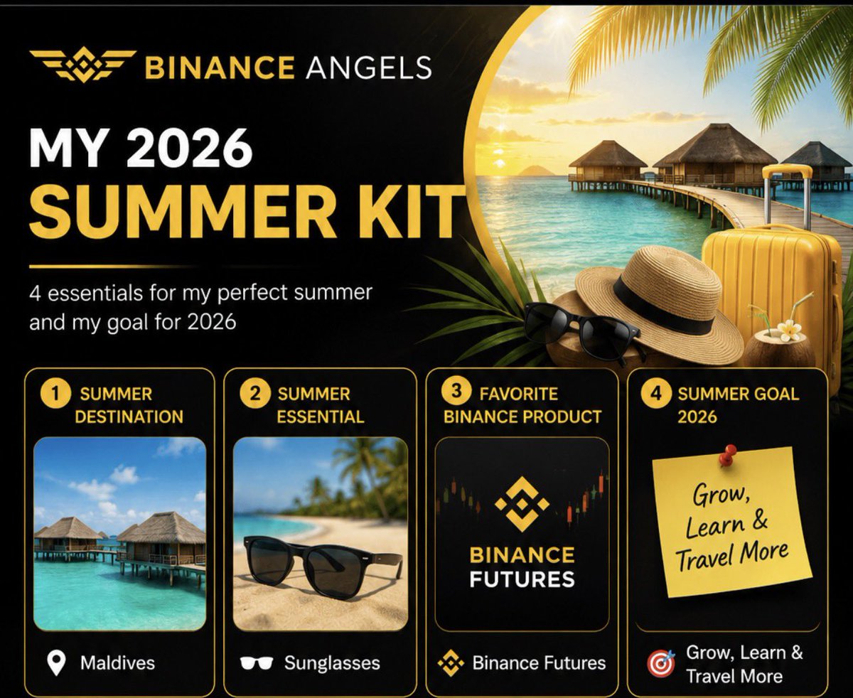 Traderhussain1's tweet photo. @BinanceAngels @BilalMehmo58162 Summer is all about balance. 🌴😎
Dream destination: Maldives 🏝️
Must-have: Sunglasses 🕶️
Favorite Binance product: Binance Futures 📈
Goal for 2026: Grow, Learn & Travel More. Every journey is a chance to improve. BinanceAngels
#SummerTimeChallenge #BinanceAngles #2026SummerKit https://t.co/wqVFH0g506