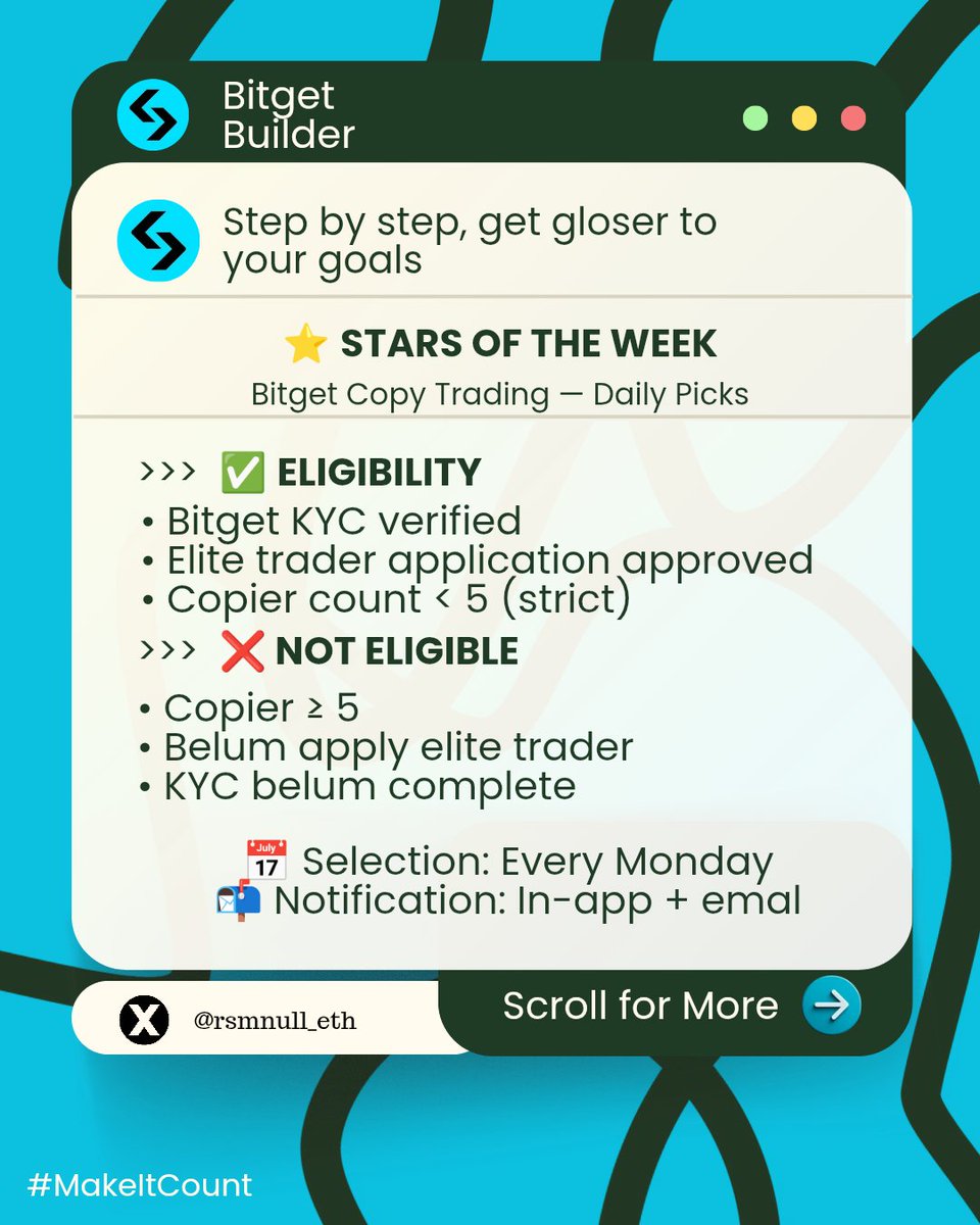 rsmnull_eth's tweet photo. bitget bar aja upgrade fitur "Daily Picks" buat copy trading tiap minggu 2 elite trader dipilih jadi "Stars of the Week" langsung masuk featured slot, dapet exposure gede, copier auto naik tapi ini buat elite trader yang copier nya masih di bawah 5 doang. penasaran? check this🔥 https://t.co/ClBR5O54hL