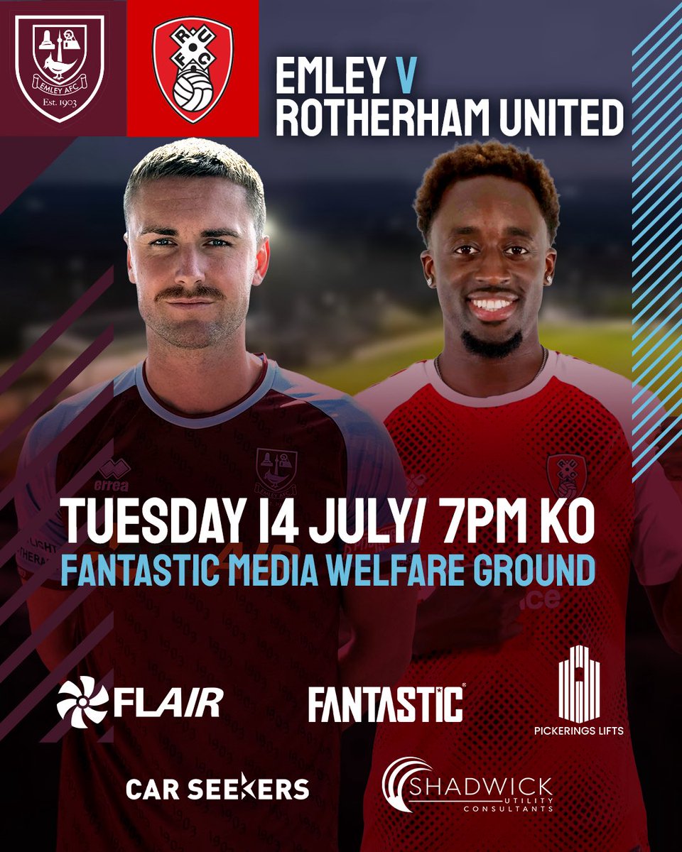 Emley_AFC's tweet photo. Emley AFC are delighted to announce that EFL side Rotherham United will visit the Fantastic Media Welfare Ground for a pre-season friendly. 

Tuesday 14 July / 7pm KO
Emley v @RotherhamUnited 
📍Fantastic Media Welfare Ground, 

🎟️ https://t.co/Z99mLaKvUF 
 £6 / £4 

#UTP https://t.co/kBEyczTKkQ