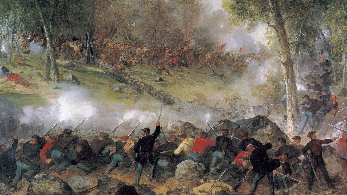 BarnabyHistory's tweet photo. 🇺🇸 Gettysburg 163 Live: July 3rd, 7:00 AM

On Culp’s Hill, brutal close-quarters fighting continues as Union forces launch determined attacks to reclaim the ground lost during the night.

Choked by blinding gunsmoke, soldiers battle through the dense woods and jagged rocks in some of the most vicious and sustained infantry combat of the entire battle.

By mid-morning, the Union XII Corps is steadily pushing the Confederates back. The federal right flank is holding.