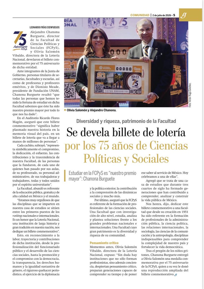 UNAM_FCPyS's tweet photo. Se devela billete de lotería por los #75Años de Ciencias Políticas y Sociales. 

📖 Lee la nota completa aquí: https://t.co/KfqqcUXFBG https://t.co/VNw0YzOsdR
