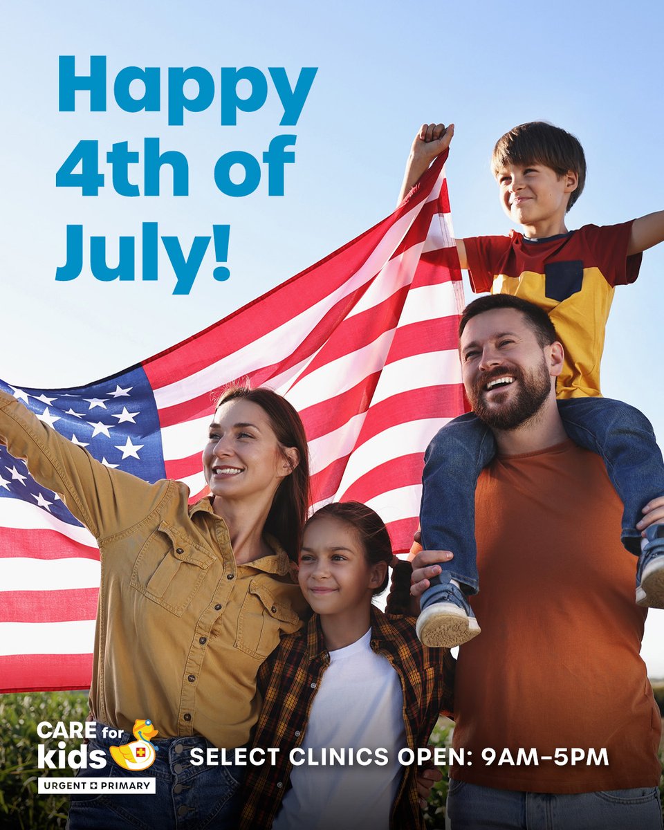 CareForKidsTX's tweet photo. 🇺🇸🎇 Happy 4th of July!

As we celebrate our nation's 250th anniversary, we ask you to be careful with fireworks. If any issues come up, we'll have select clinics open 7/4 from 9am-5pm (including telemedicine).

In-clinic: https://t.co/GDVmx2Tykz
Telemed: https://t.co/uUd9M27xQu https://t.co/wn14uVJ3Ep