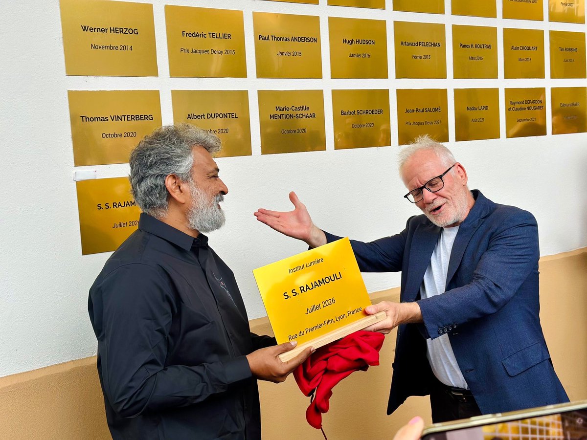 Thyview's tweet photo. Every second, every heartbeat, @ssrajamouli has pushed our stories, our emotion and our cinematic conviction onto the world stage. His name on the Mur des Cinéastes at Institut Lumière is not just an honour for one filmmaker. 

It is a proud, permanent moment for Telugu and Indian cinema 🙏🙏🙏

#Eega #RRR #Baahubali #Varanasi