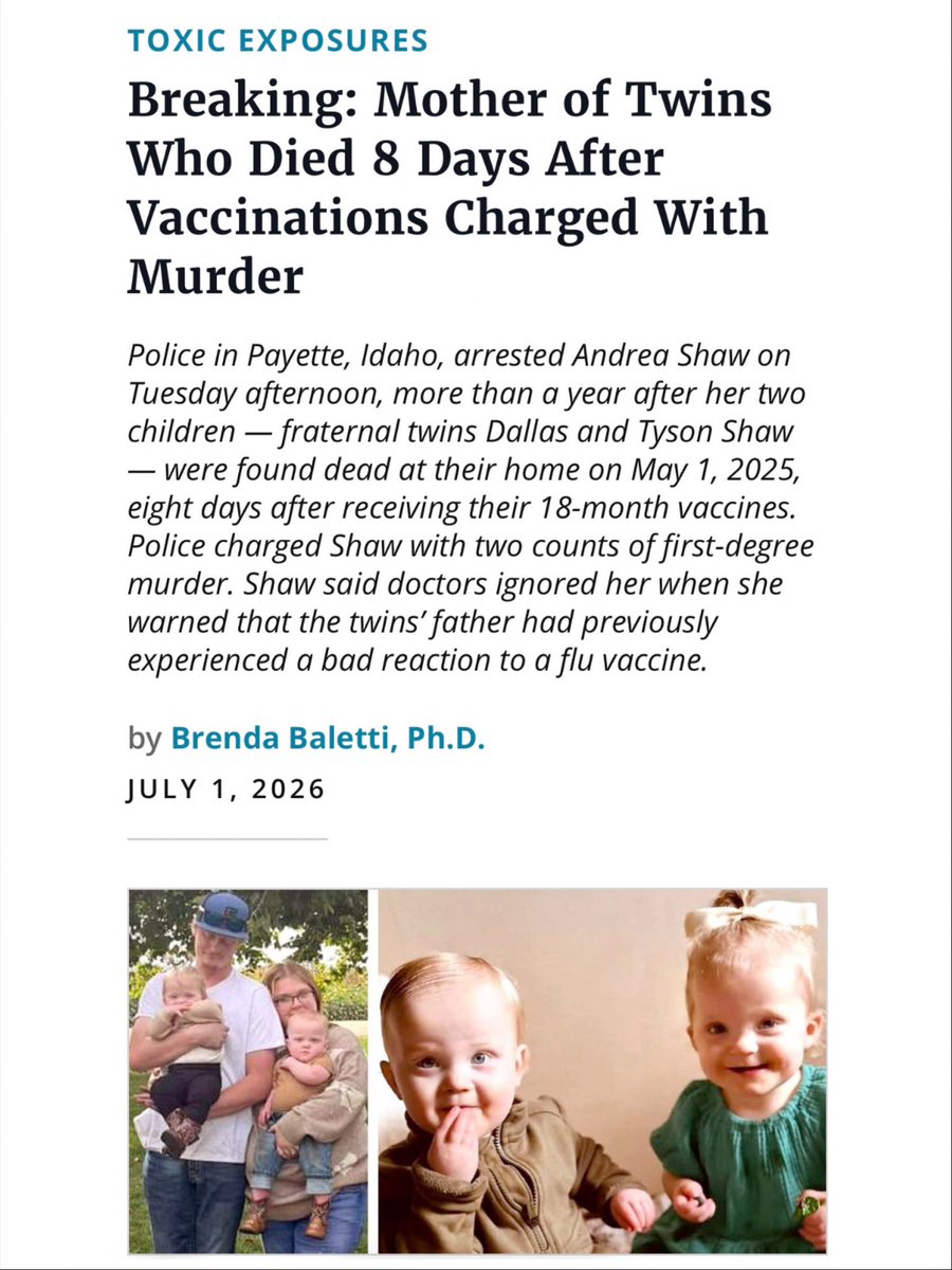 liz_churchill10's tweet photo. This is so frightening. The Mother told the Paediatrics Office that severe reactions to the ‘Flu Vaccine’ happened to the children’s father…but they gave it to their 18-month old twins anyway. They died 8 days later. She spoke out and they charged her with murder… https://t.co/bqSWlv2xYO