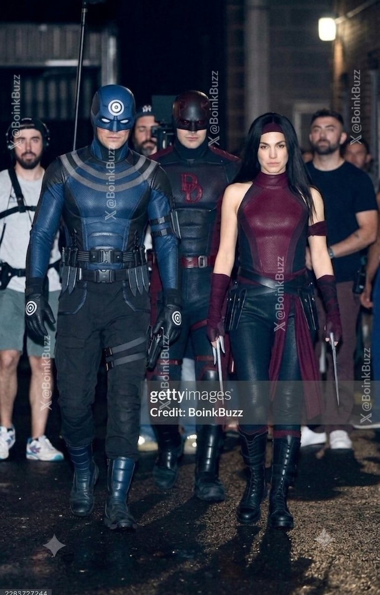 BoinkBuzz's tweet photo. Daredevil, Elektra &amp; Bullseye on set of 'DAREDEVIL: BORN AGAIN' Season 3🔥😱 https://t.co/M9dgIFHkr6