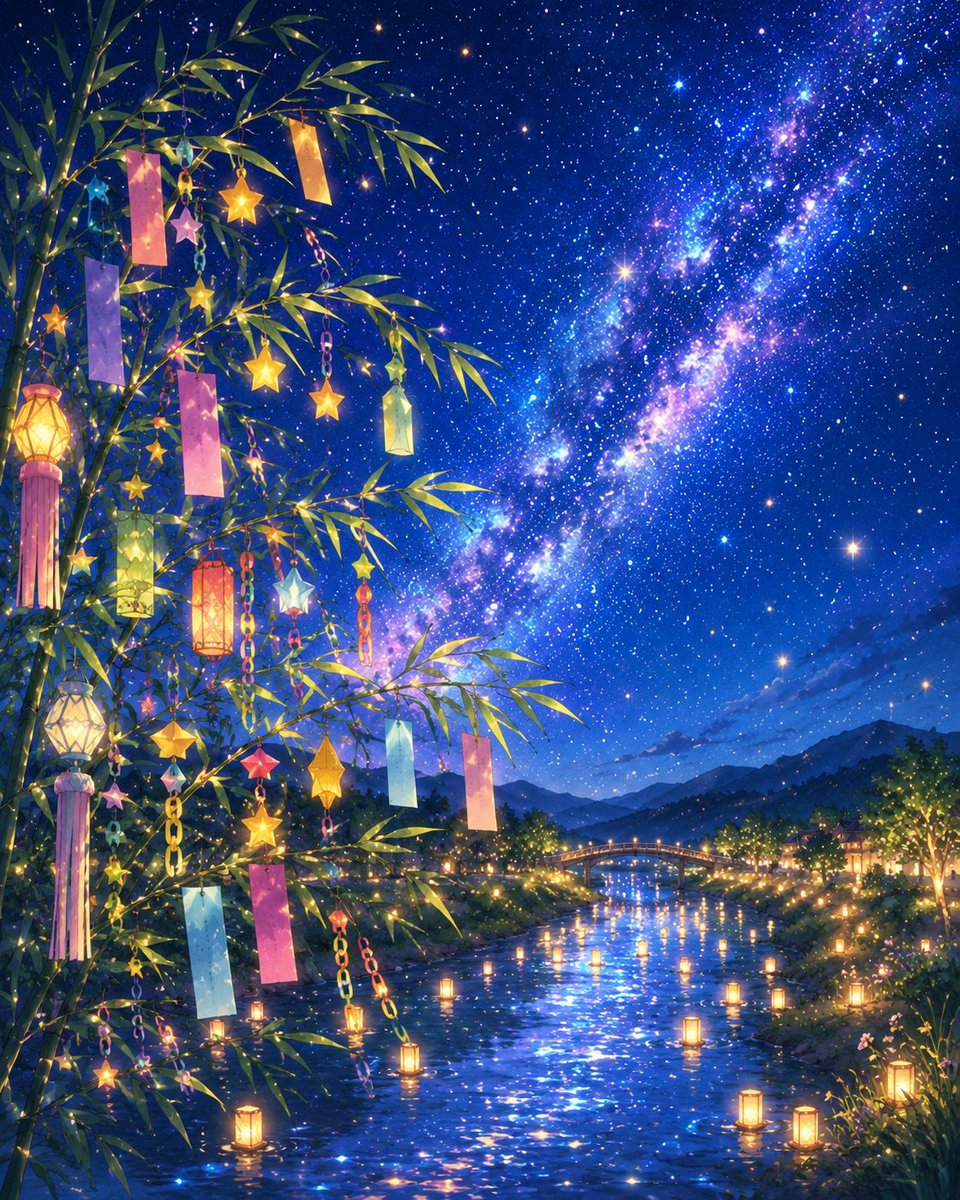 heal_dreams's tweet photo. 🎋 なぞときアトリエ（AIチャレンジ）

夜空いっぱいに輝く星たちと、
風に揺れる願いごと。

キーワードは──
・色とりどりの短冊
・一年に一度だけ訪れる特別な夜
・夜空を流れる、きらめく天の川

このイラストが表しているのは、
初夏に訪れる“ある行事”です。

ピンときた人はリプで答えてね。
答えは 7/5 15時 に投稿するよ🎋✨