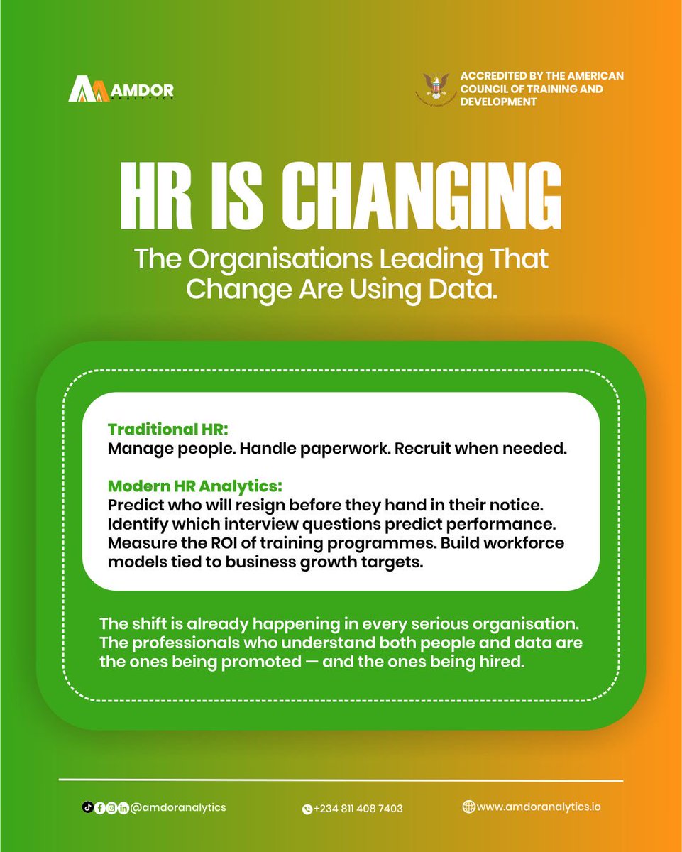 AmdorAnalytics's tweet photo. HR is evolving.
The question is no longer:
“How many people did we hire?”
It’s now:
“Who is likely to leave?”
“Which hires perform best?”
“What’s the ROI of training?”
People + Data = The future of HR.
#HRAnalytics #PeopleAnalytics #FutureOfWork https://t.co/gSWvYjdGtQ