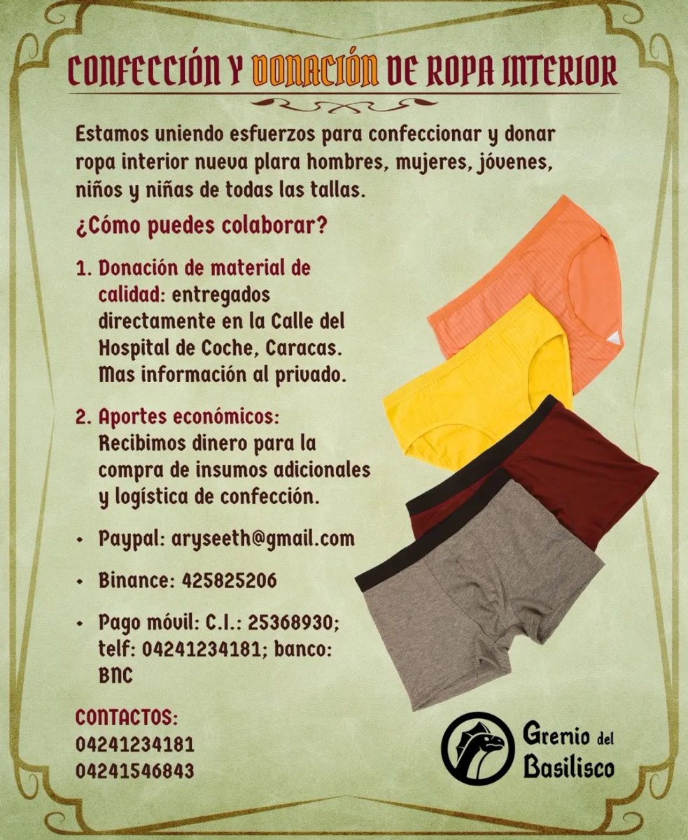 arantxalopezc's tweet photo. Un amigo está confeccionando ropa interior nueva para donar a hombres, mujeres, jóvenes, niños y niñas que la necesiten.

Aquí está la lista de insumos con los que pueden colaborar y las vías de apoyo económico por si quieren aportar algo para que se siga realizando: https://t.co/5WktPxMdUh