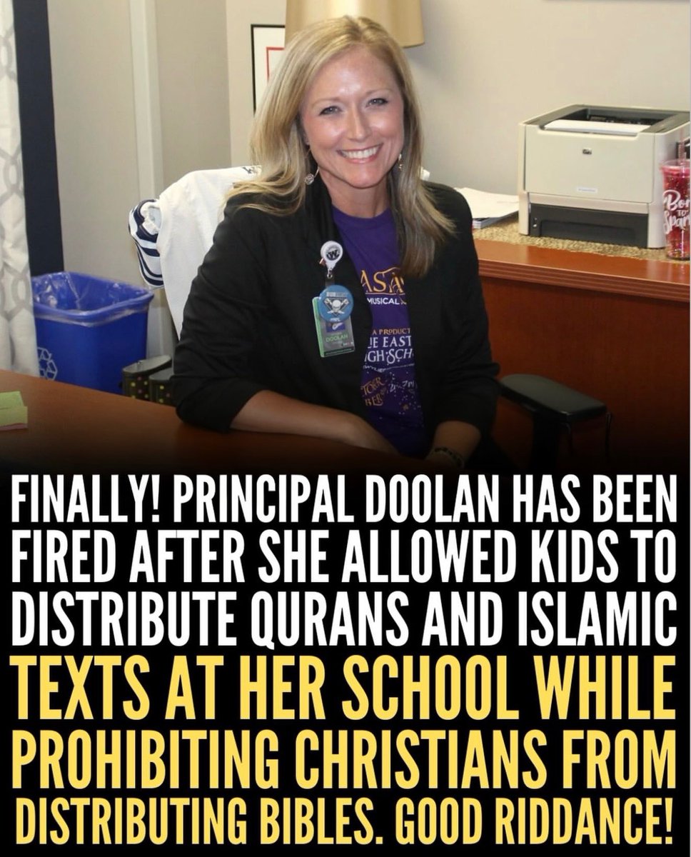 CreasonJana's tweet photo. This makes me happy!

Principal Tiffany Doolan of Wylie East High School in Texas resigned in late May 2026 after backlash over a February event where an outside “Why Islam” group distributed Qurans and Islamic materials on campus without full district approval.

The school district described it as a procedural failure tied to the Muslim Student Association and World Hijab Day activities, with Doolan publicly taking responsibility for mistakes on her watch.

Reports and eyewitness accounts allege a double standard where Islamic texts were permitted while Christian students were BLOCKED from distributing Bibles … though official statements focus on the unauthorized nature of the event rather than explicit bias.