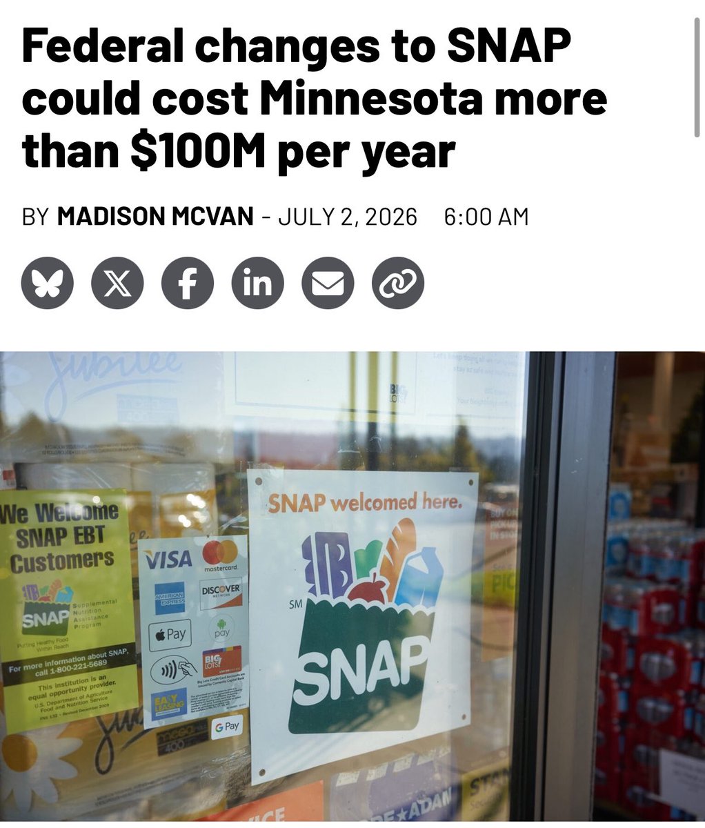 RepAngieCraig's tweet photo. Last year, President Trump cut $187B from SNAP in the largest wealth transfer from the middle class to the ultra wealthy in US history. 

Now, Minnesotans are paying the price. 

It was never about lowering costs — it was about handing tax breaks to the top 0.1% at the expense of hardworking Minnesotans.
https://t.co/VyFDoddhe8