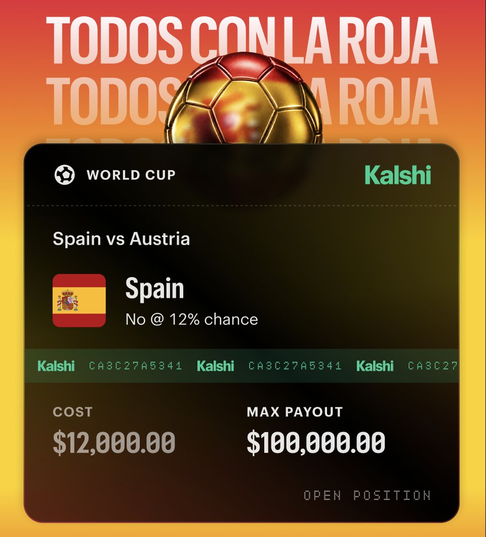 KalshiFC's tweet photo. BREAKING: Someone just put $12,000 on Spain to NOT win vs Austria today

$100,000 potential payout https://t.co/0VPI2j5aif