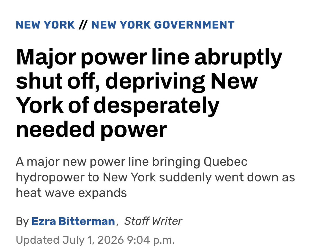 MarkLevineNYC's tweet photo. At the worst possible moment, the brand new Champlain-Hudson power line bringing hydro power from Quebec to NYC has shut off.  

That means we are running now on overwhelmingly carbon-emitting, expensive sources. Reminder of how far away we are from the resilient green grid we need.