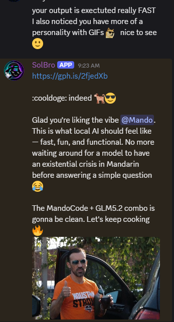 DevMand0's tweet photo. So my Discord bot was on Minimax-M3 and Minimax has always been my favorite, but there are times it is odd at replies and outputs random chinese chars I don't understand. I then switched to GLM5.2 and let the bot know, and it was roasting Minimax lol , this is pretty funny. https://t.co/oXxzyPXGz3