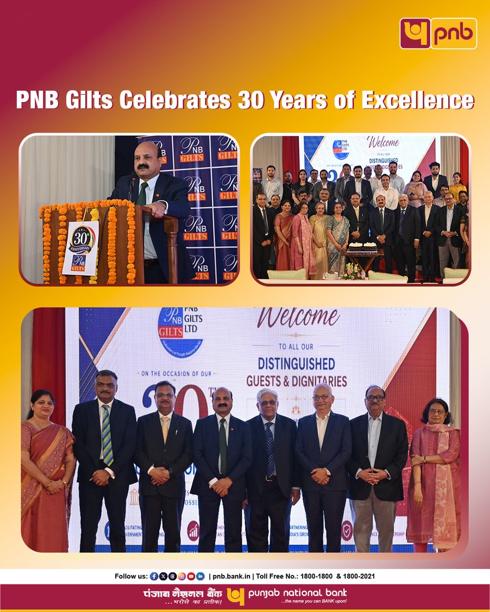 pnbindia's tweet photo. PNB Gilts Limited celebrated its 30th Foundation Day on 2nd July, 2026, marking three decades of excellence and contribution to India’s debt market.

PNB Gilts Limited, promoted by Punjab National Bank, is a leading listed Standalone Primary Dealer in Government Securities. Since its establishment in 1996, the company has played a key role in the Government securities market; market making & underwriting in government securities market; offering a wide range of fixed-income products and services to institutional, corporate, and retail clients.

The milestone was commemorated in the presence of Shri Ashok Chandra, MD & CEO, Punjab National Bank, Shri Pareed Sunil, MD & CEO, PNB Gilts Ltd. Mrs Anju Mittal, Nominee Director, Shri B.P Mahapatra, Chairman & Nominee Director and Independent Directors Shri T.M Bhasin, Shri G.S Gusain, Shri R.K. Verma and Dr Rekha Jain.

#PNB #Banking #30Years #FinancialExcellence #DebtMarket