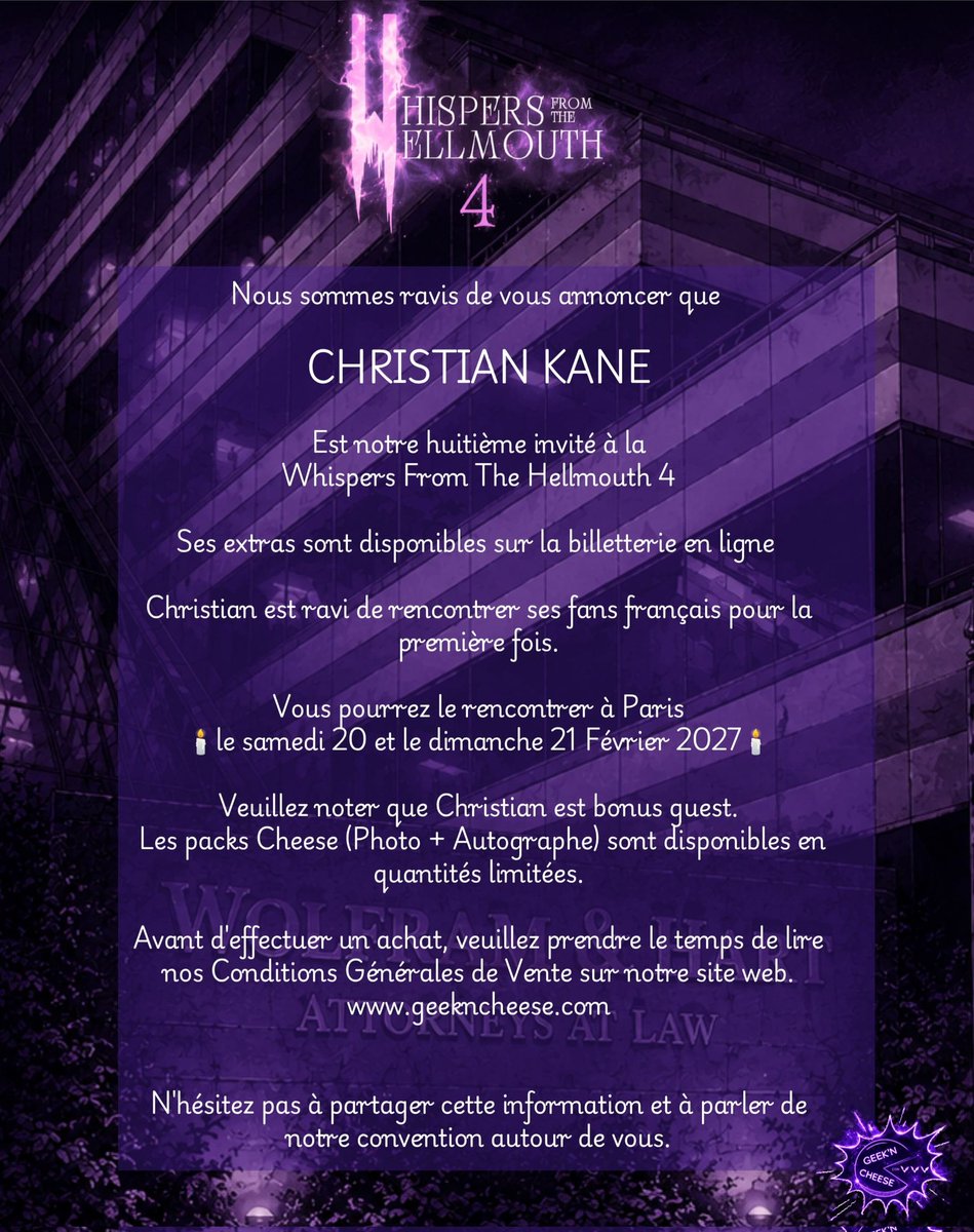 GeeknCheese's tweet photo. 🔮Christian KANE🔮 est notre 8ème invité de la #WFTH4 les 20 et 21 Février 2027 à Paris
🔮Christian KANE🔮 is our 8th guest for #WFTH4 - Feb. 20&21, 2027 in Paris
🎟 https://t.co/6djoRqEYja
#gnc #angel #christiankane #btvs #lindseymcdonald #convention #geekncheese #kane https://t.co/gfuKGJ0A8I
