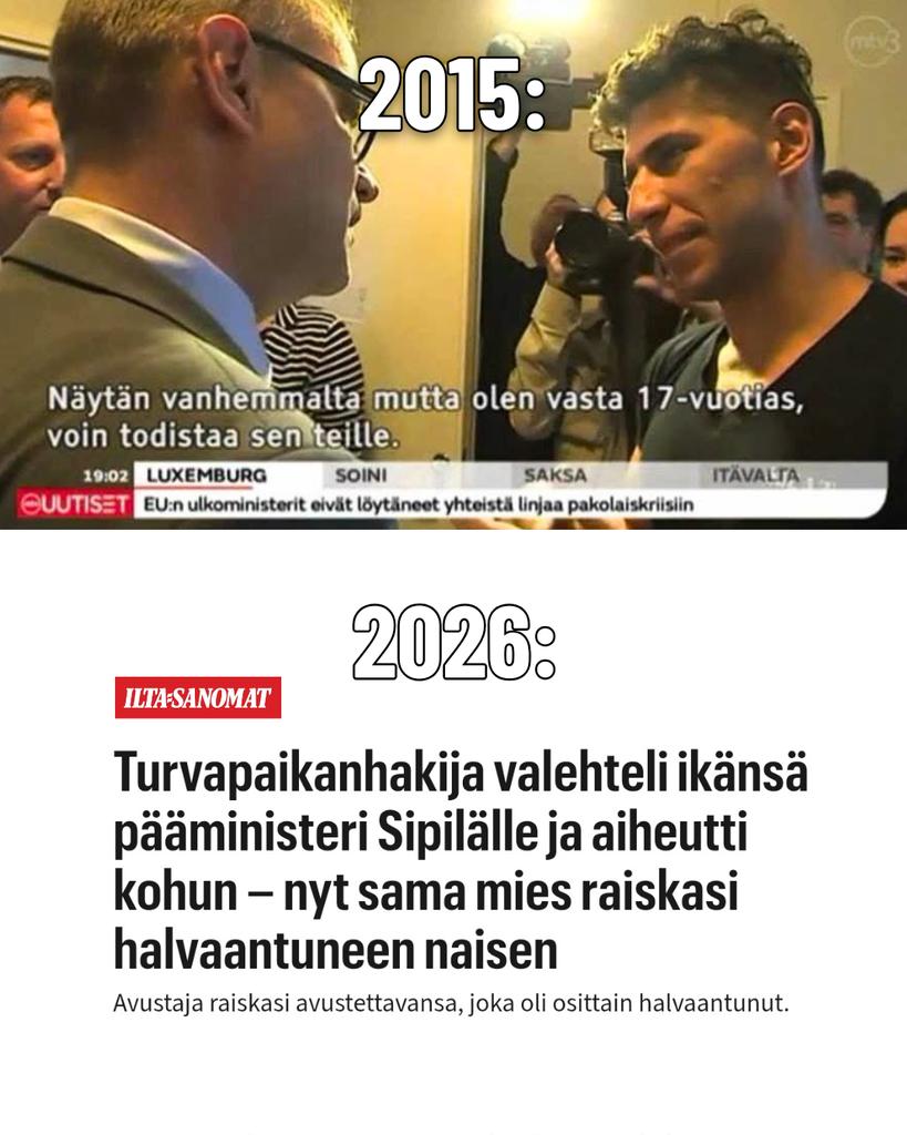joakimvigelius's tweet photo. On vuosi 2015. Eurooppaan vyöryy 1,3 miljoonaa turvapaikanhakijaa.

Suomessa hoetaan refugees welcomea ja meillä on unelmaa. Maan pääministeri tarjoaa kotiaan turvapaikanhakijoille. Sisäministeri kutsuu tulijoiden motiivien arvostelua rasismiksi.

Yksi turvapaikanhakijoista, irakilainen Fahad Firas Adday Al-Nuaimi, valehtelee tv-kameroiden edessä, pääministerille, olevansa alaikäinen ja turvan tarpeessa.
Hän sai jäädä Suomeen.

Nyt Al-Nuaimi tuomittiin halvaantuneen naisen raiskauksesta. Hän oli toiminut kotihoitoa tarvitsevan kuusikymppisen uhrin avustajana vain muutaman päivän ennen julmaa ja nöyryyttävää raiskausta.

Vastenmielinen ajankuva. "Turvaa" hakeneet tuovat itse kotimaidensa turvattomuuden Suomeen. Hyväuskoinen Suomi luottaa – ja jättää tavalliset suomalaiset kärsimään seuraukset. Kaduilla, kouluissa, työpaikoilla, hoivapaikoissa.

Tämä hulluus on lopetettava.