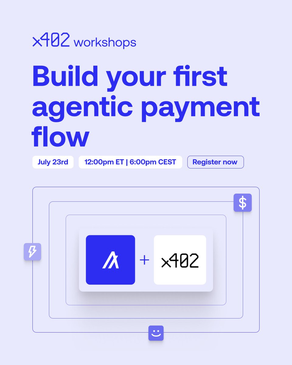 algodevs's tweet photo. x402 workshop. 90 minutes, hands-on.

You'll build two things: a client that handles the x402 payment flow automatically, and a payment-gated API on Algorand.

We cover what x402 is, the use cases it opens up (paid APIs, machine-to-machine payments, automated access to resources), and why Algorand is a first-class network in the protocol.

July 23, 12:00 ET. Recording sent if you can't make it live.

Sign up below 👇