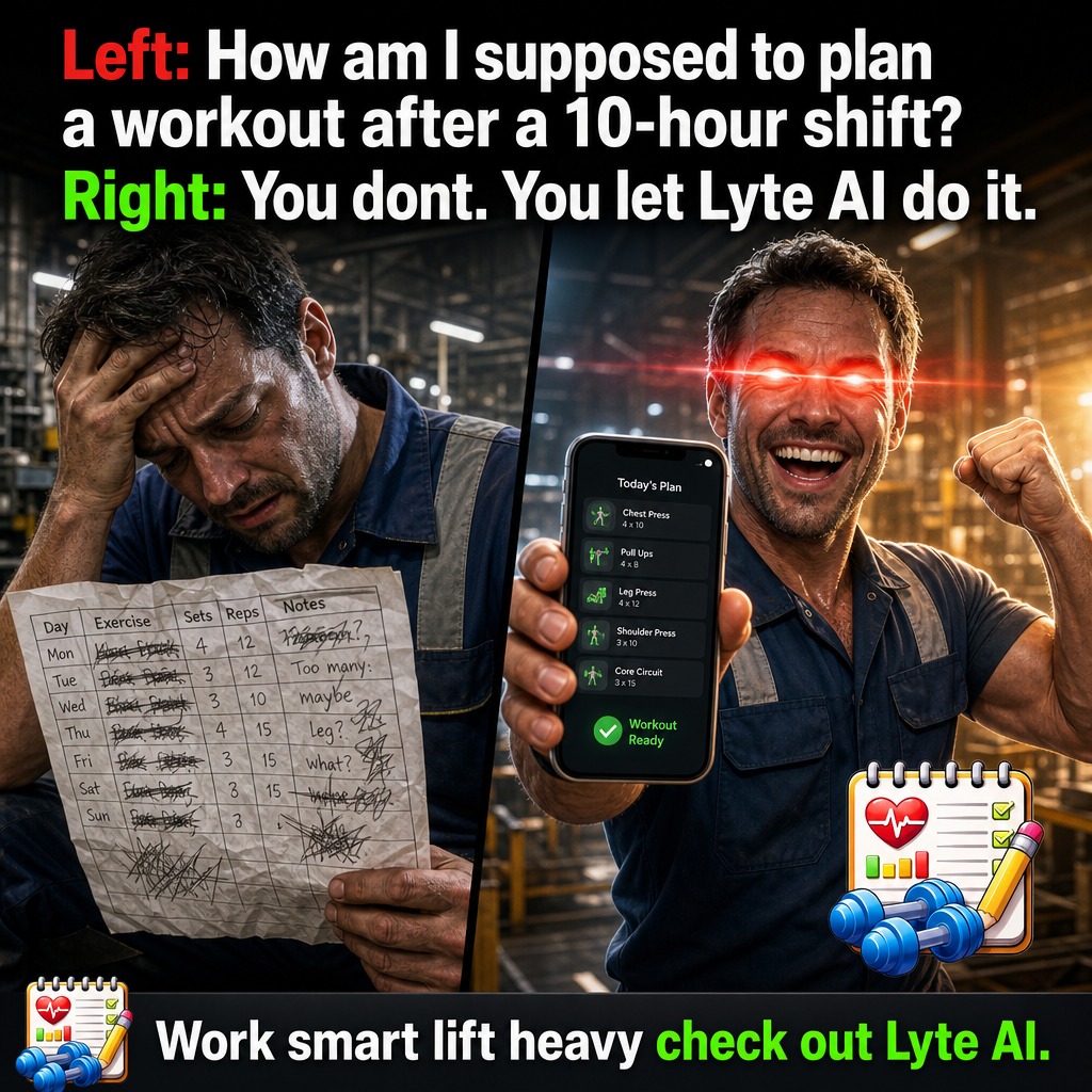 CjlyteJason's tweet photo. 10-hour shifts drain your soul. trying to read a scribbled workout plan after is pure torture. stop overthinking it. let lyte ai do the heavy lifting so you can just lift heavy. #gymlife https://t.co/vRYXEyFjg4