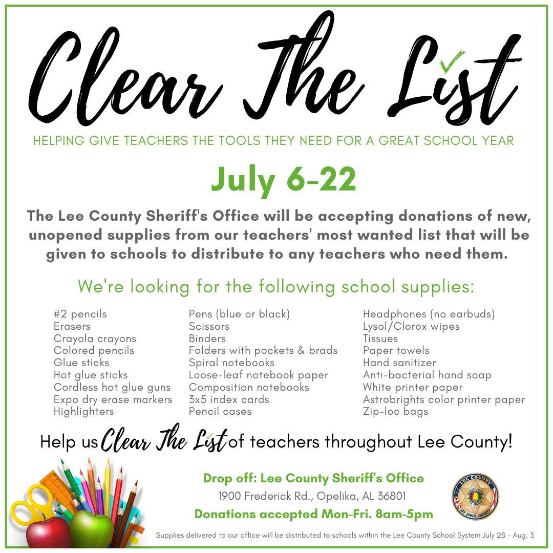 LeeCoSheriffAL's tweet photo. The supply drive for Clear the List starts Monday! Drop off your donation of new, unopened supplies for Lee County Schools teachers!

Check out the lists for individual teachers from Auburn, Opelika, Lee County, and private schools >>> https://t.co/4ap9hix9Gj https://t.co/nJkuLgzjos